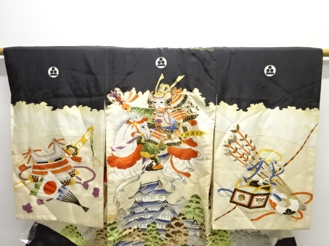  アンティーク　騎馬武者模様刺繍紋付男児着物(内袖・長襦袢付き)